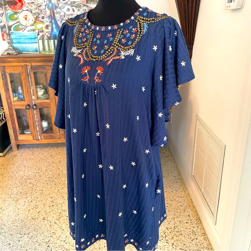 ANTHROPOLOGIE Blue Embroidered Dress with Flutter Sleeves. Lined. Pockets. Sm - Picture 2 of 13